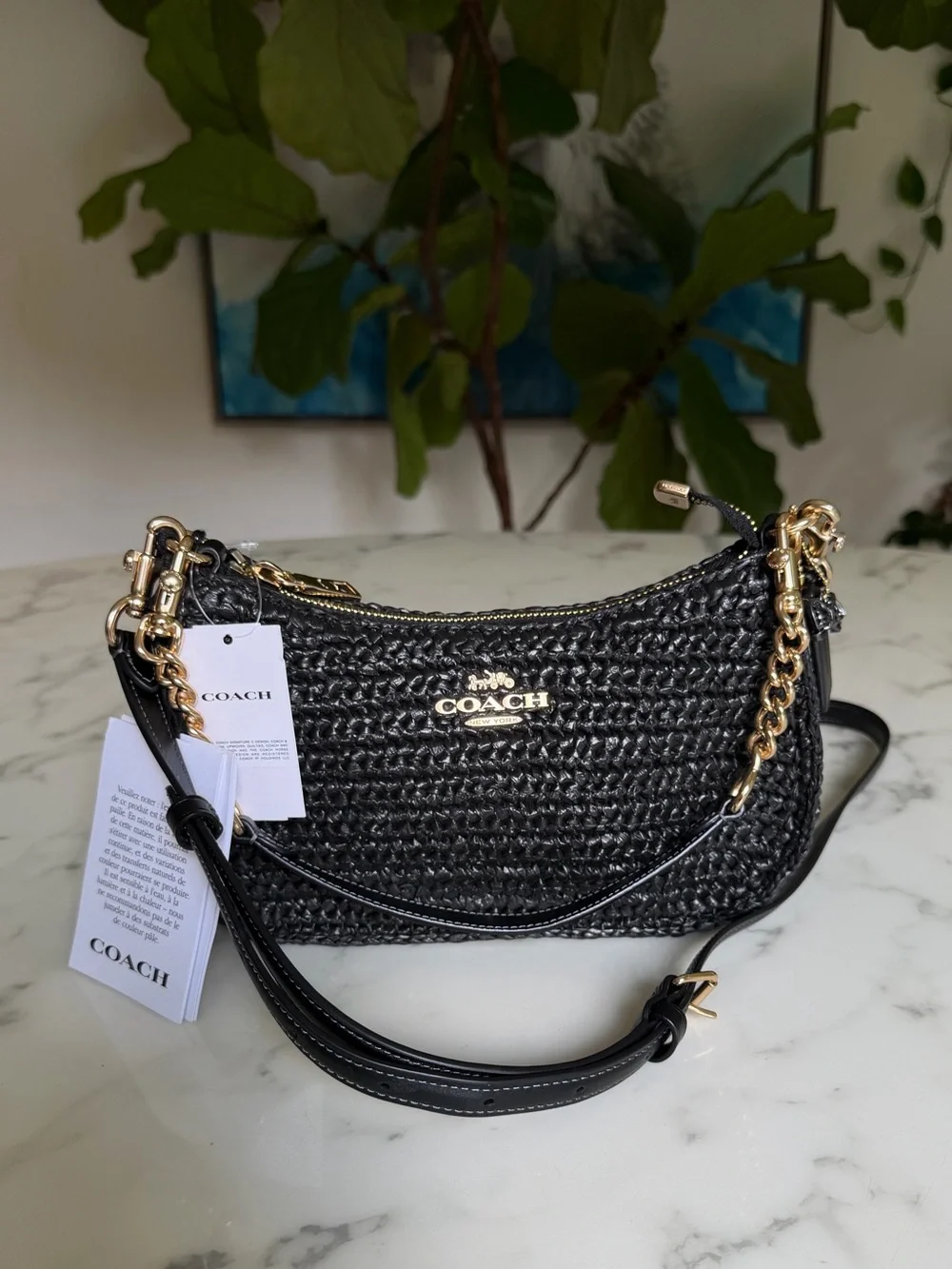 NWT Coach Teri Shoulder Crossbody Bag In Woven Straw & Leather Gold Black CBI17 - Picture 2 of 14